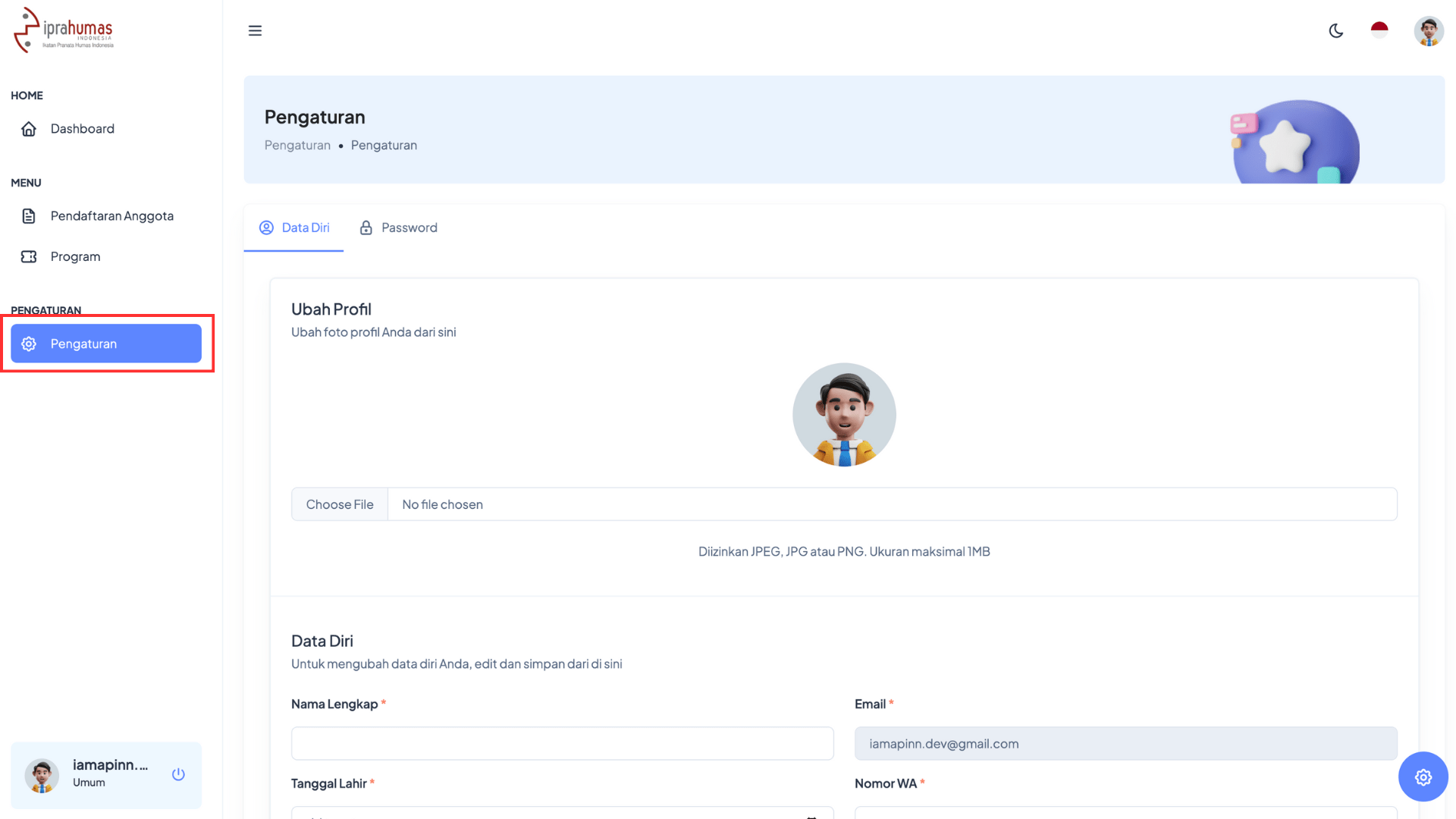 Pengaturan Akun IPRAHUMAS